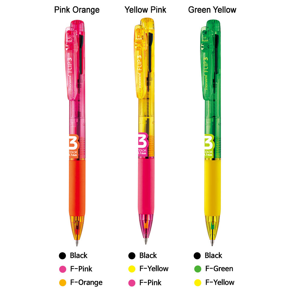 Monami Flip 3 Retractable Ballpoint Multi-Pen Fluorescent Color 0.7mm & Black 0.5mm