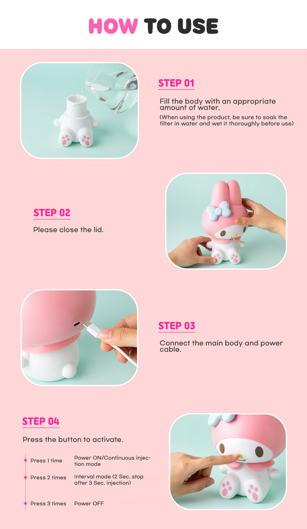 Sanrio My Melody Wireless Humidifier - How to use