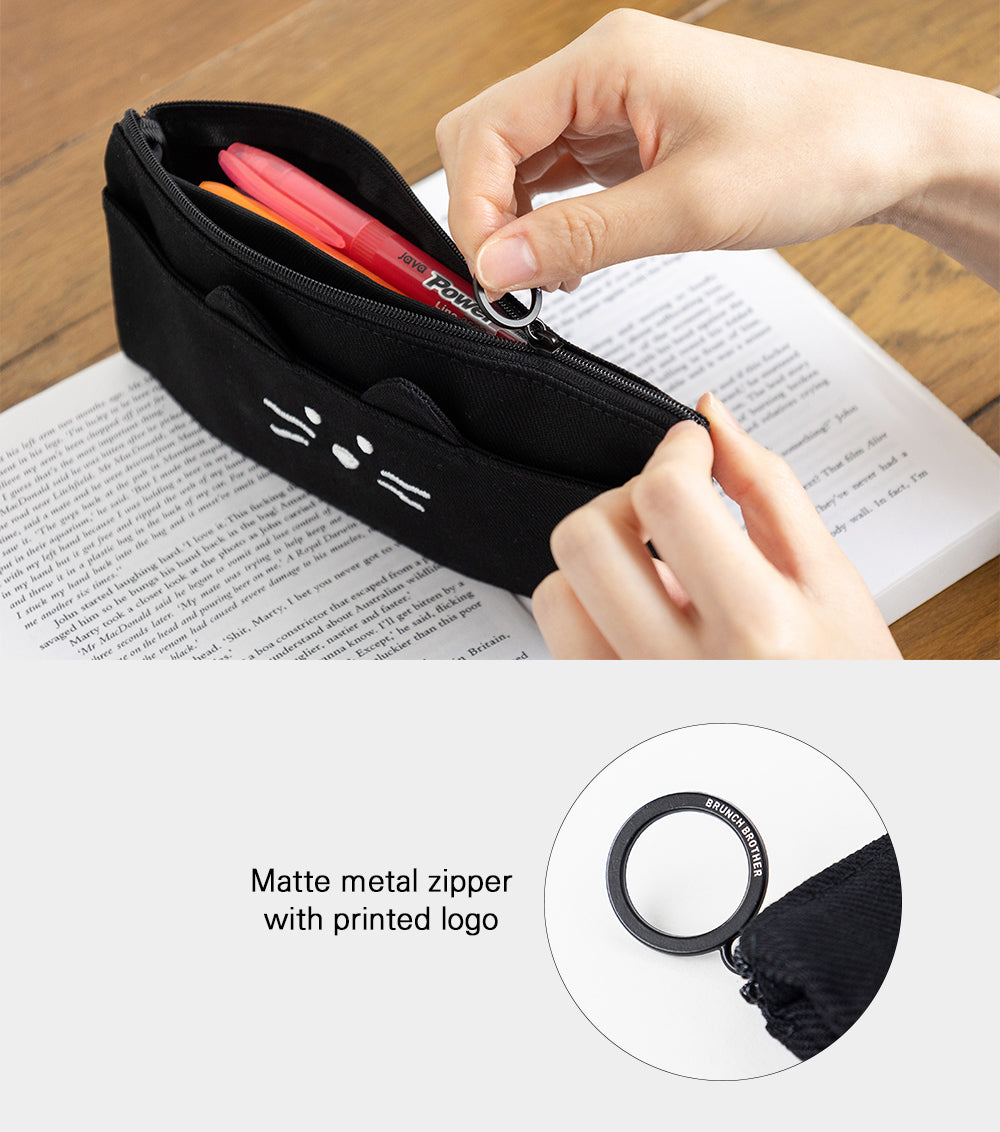Brunch Brother Foldable Pen Case Pencil Case Pouch Zipper Mesh Pocket Pen Pouch Kitty - Matte metal zipper with printed logo