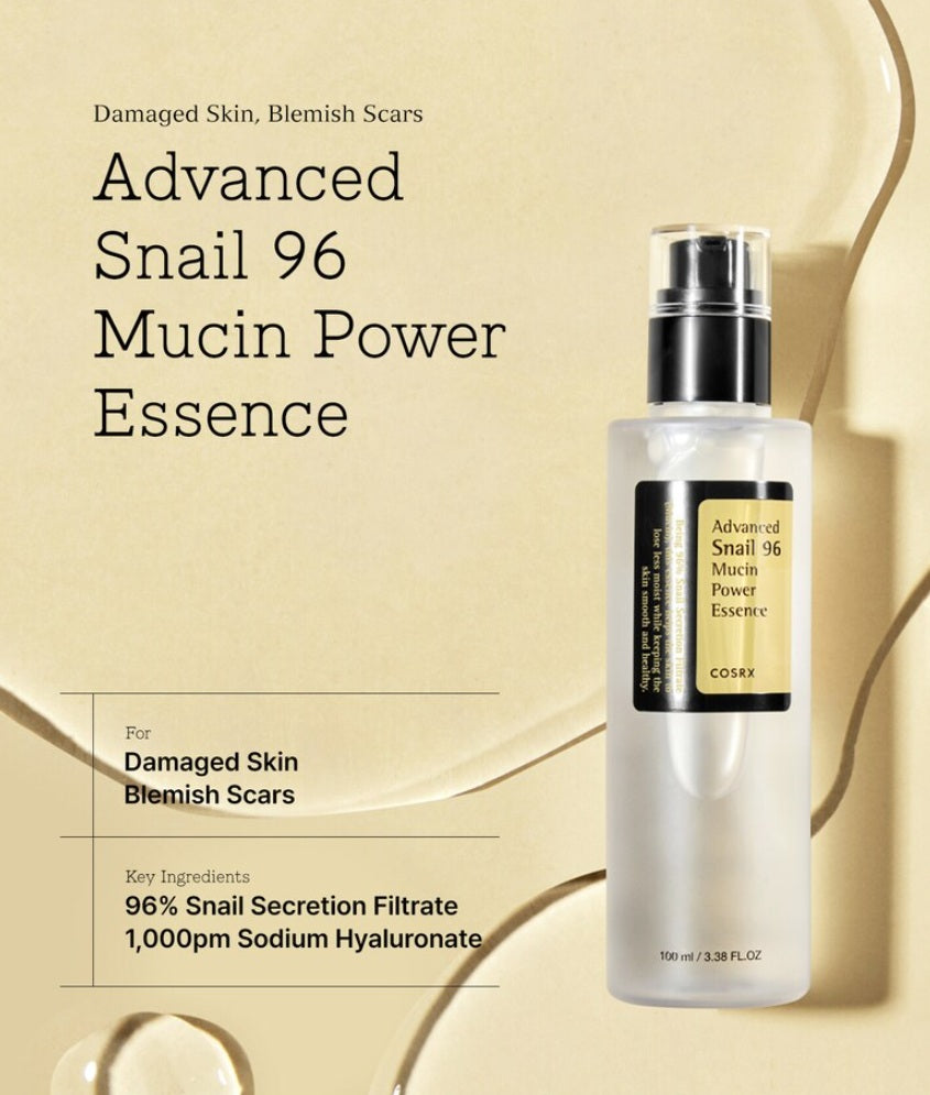 COSRX Advanced Snail 96 Mucin Power Essence 100 mL For Damaged Skin Blemish Scars. Key Ingredients : 96% Snail Secretion Filtrate 1,000pm Sodium Hyaluronate.