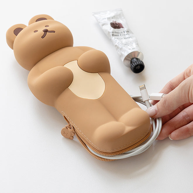 DONATDONAT Cute Bear Soft Silicone Pencil Case with Zipper Light Washable | Pencil Pouch | Pen Pouch | Pen Case