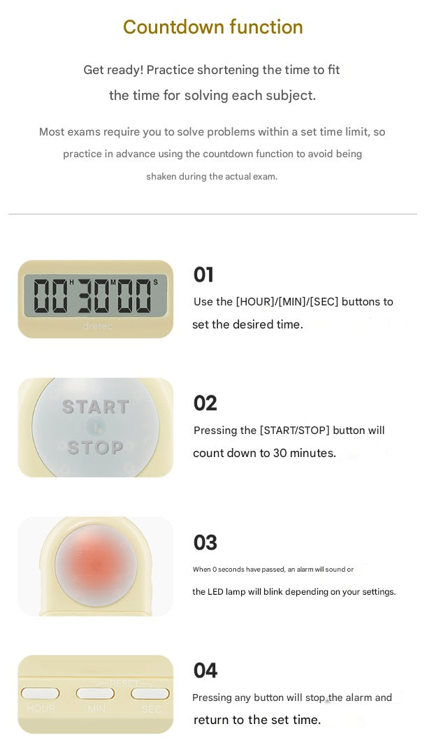 DRETEC T-186 Timer Watch Stopwatch LED Alarm Portable Clock Yellow Color - Countdown function