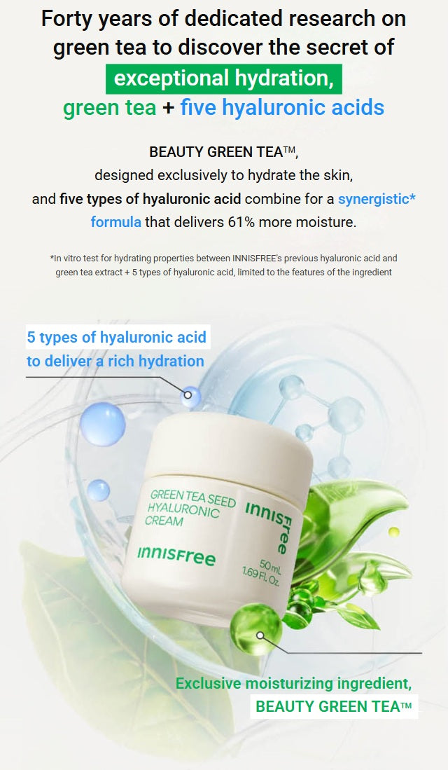 innisfree Green Tea Seed Hyaluronic Cream. Forty years of dedicated research on green tea to discover the secret of exceptional hydration, green tea + five hyaluronic acids.