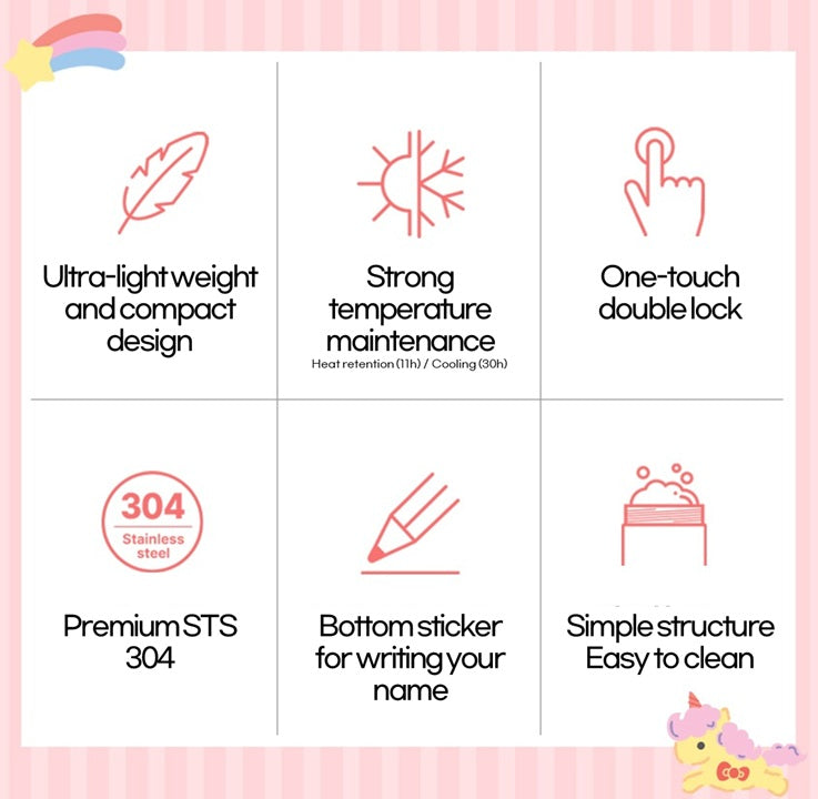 LocknLock New School Fit Sanrio Characters One-Touch Tumbler. Ultra-light weight and compact design. Strong temperature maintenance. One-touch double lock. Premium STS 304. Bottom sticker for writing your name. Simple structure easy to clean.