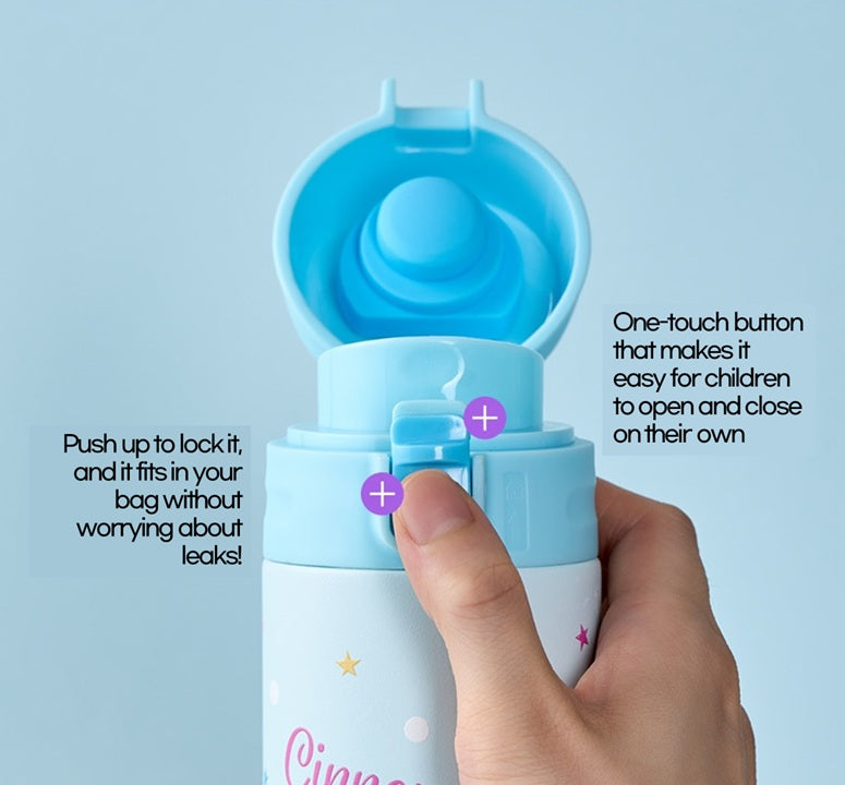 LocknLock New School Fit Sanrio Characters One-Touch Tumbler. Cinnamoroll. Push up to lock it, and it fits in your bag without worriying about leaks! One-touch button that makes it easy for children to open and close on their own.