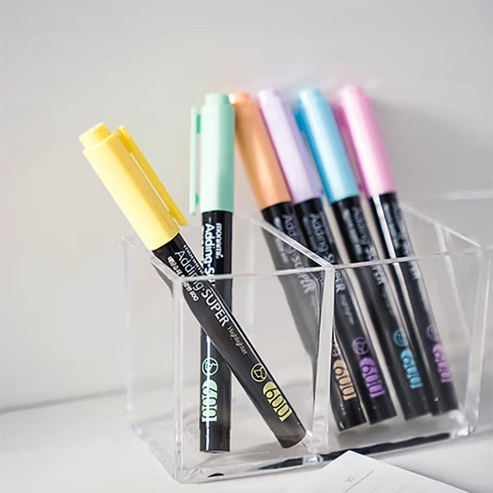 monami adding super 600 highlighter 6 pastel colors set, side view