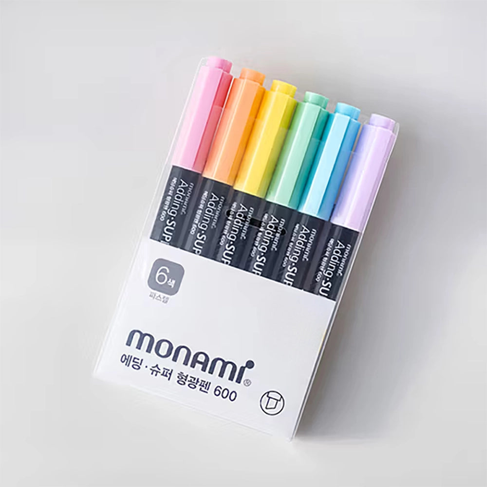 monami adding super 600 highlighter 6 pastel colors set, top view