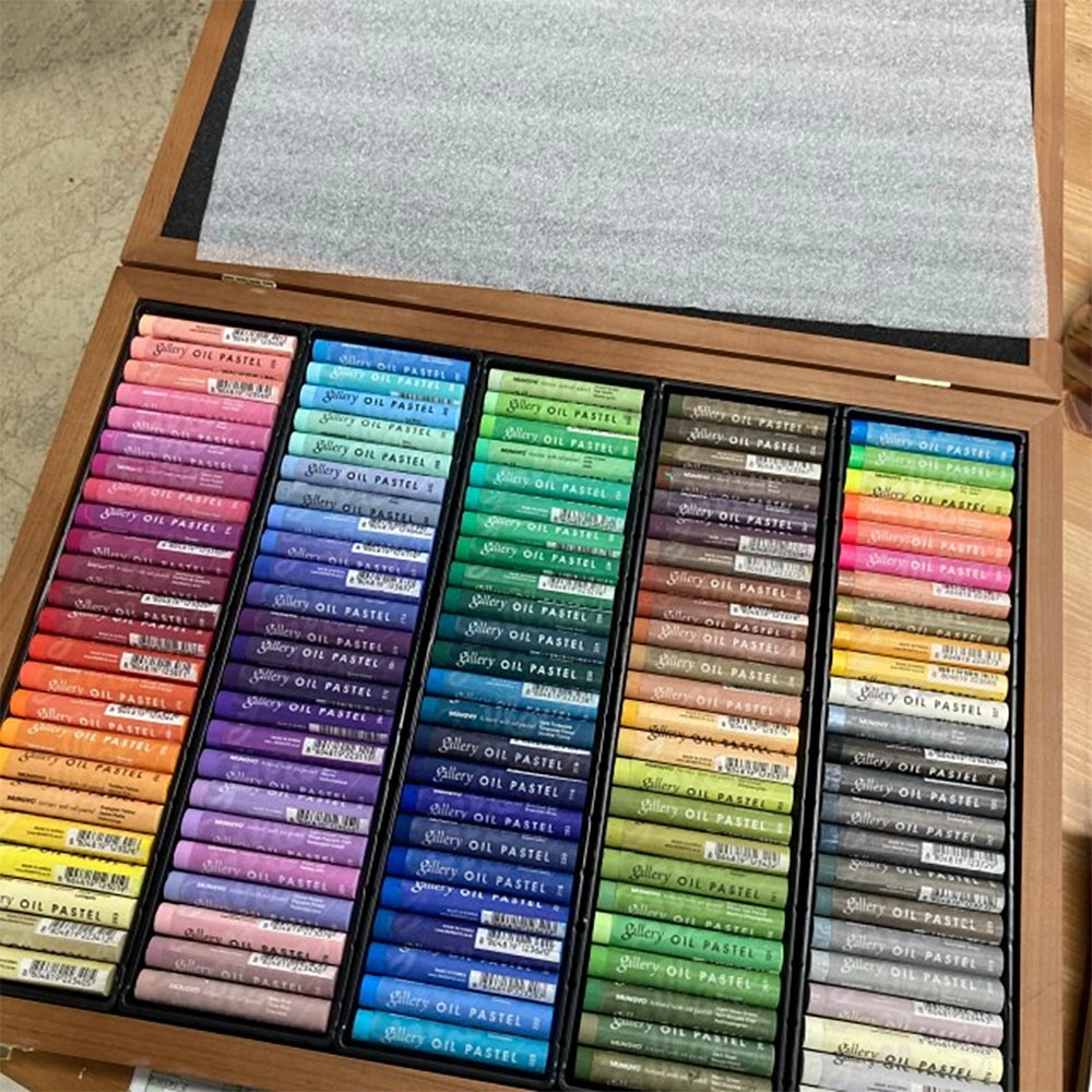 mungyo gallery artists soft oil pastel 120 color set wood box, top view