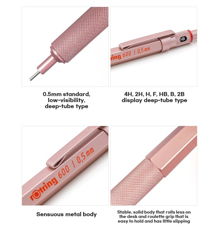 Rotring 600 Mechanical Pencil 0.5mm Gold, Rose Gold, Pearl White