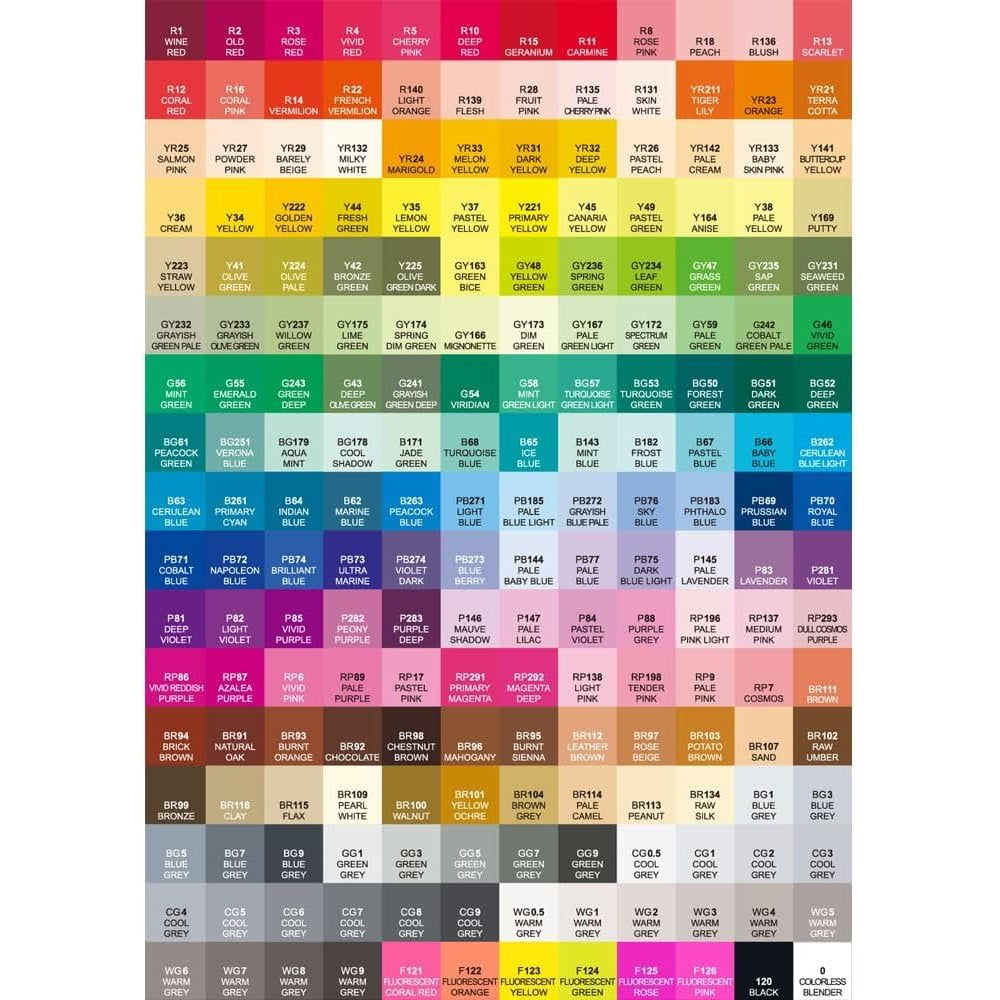 shinhan touch twin tip marker set 6 fluorescent colors, all color chart