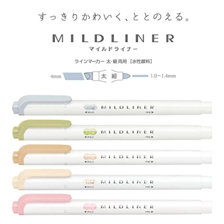 Zebra Mildliner WKT7-5C-NTC Natural Mild Highlighter 5 Color Set - Cool Gray, Olive, Beige, Cream, Dusty Pink